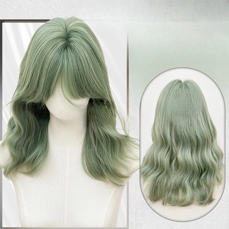 

Wig Matcha Green Sweet Girly Fresh Mint Long Curly Hair Woven Rose Female Full Cover