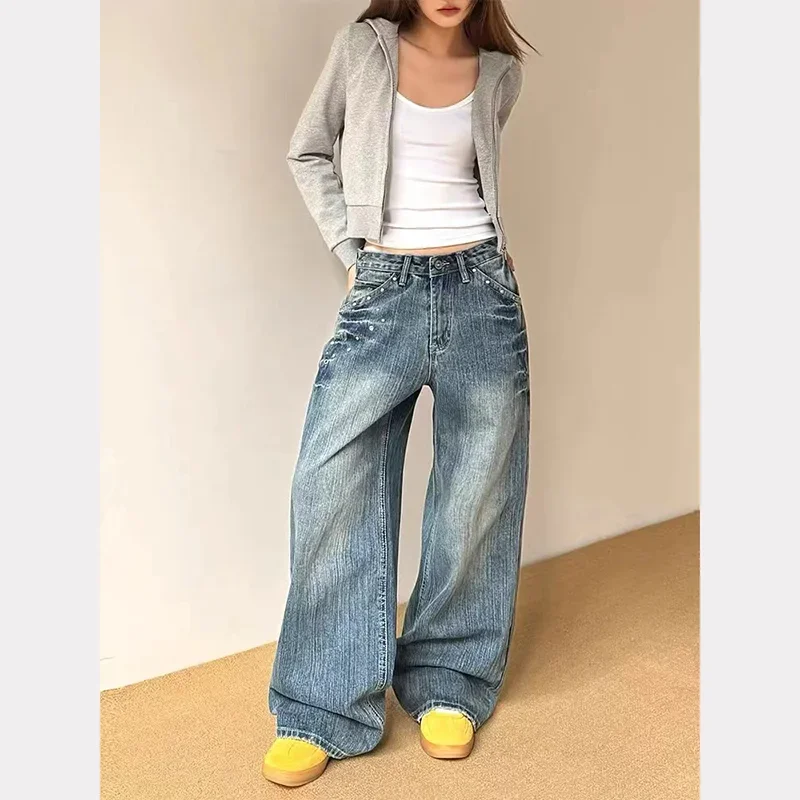 Vrouwen Vintage Klinknagel Gothic Zwarte Jeans Hoge Taille Jaren '90 Japanse Harajuku Losse Wijde Pijpen Broek Streetwear Micro-Flare Broek