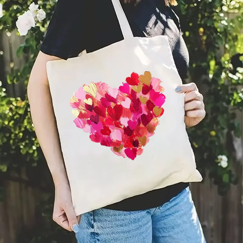 حقيبة يد للنساء موضة عيد الحب ليوبارد الحب القلب الجرافيك قماش حمل حقيبة تسوق سيدة حقيبة كتف حقائب كتب الطالب