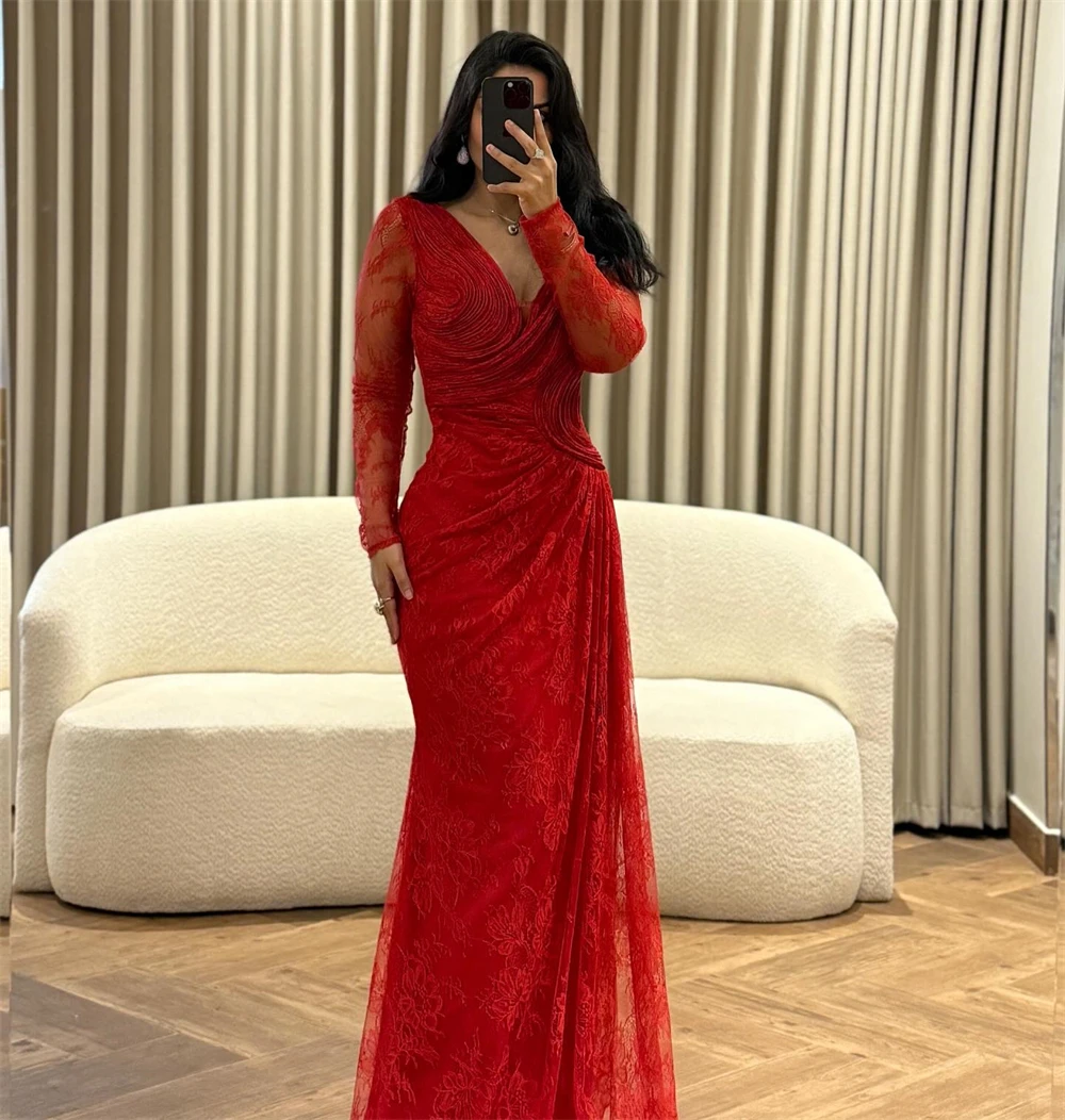 

Элегантное красное кружевное вечернее платье русалки по индивидуальному заказу, модные платья знаменитостей с v-образным вырезом и длинными рукавами, роскошные платья для особых случаев