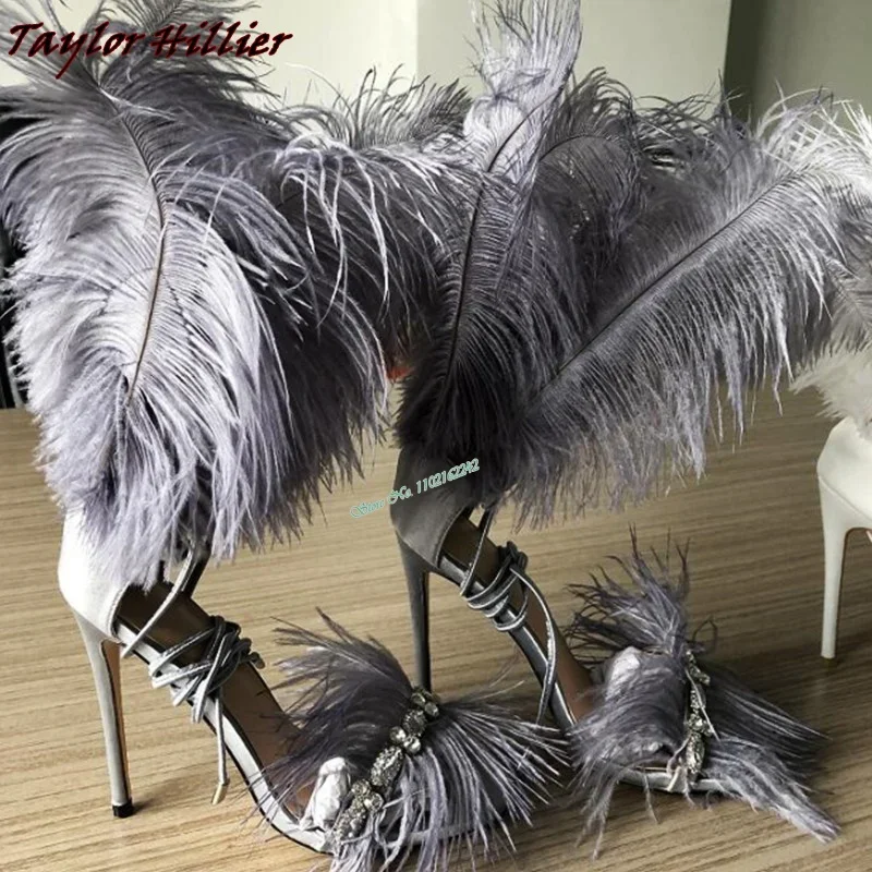 New Rhinestone Gray Feather High Heels Round Toe Open Toe Ankle Strap Super High Heel Women\'S Shoes Nightclub Catwalk Sandals 45