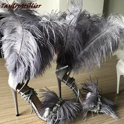 New Rhinestone Gray Feather High Heels Round Toe Open Toe Ankle Strap Super High Heel Women'S Shoes Nightclub Catwalk Sandals 45