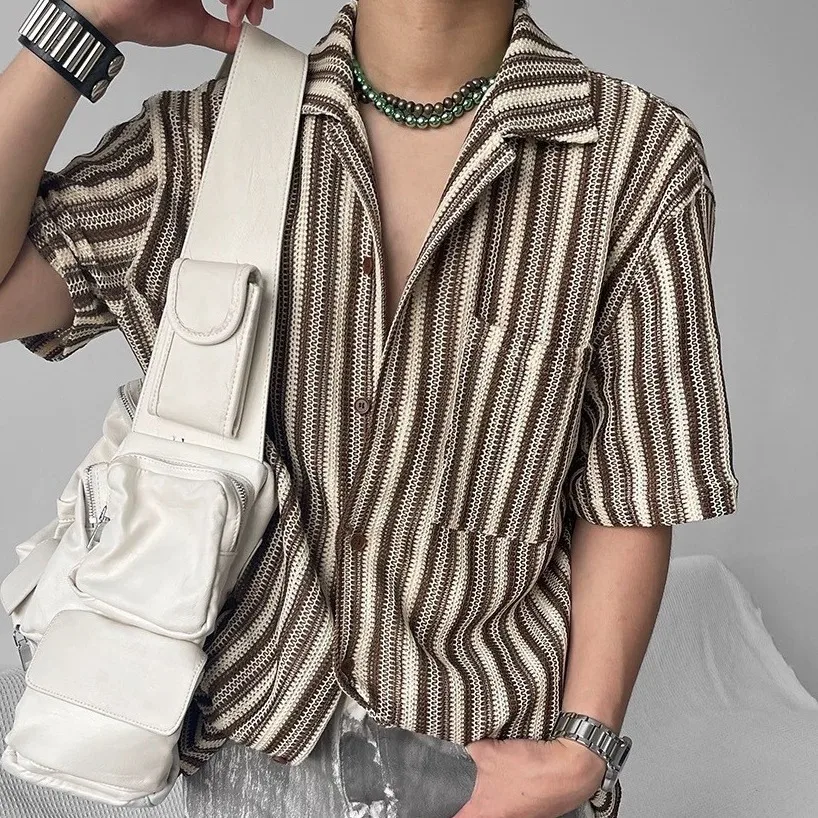 

American Vintage Stripe Knitted Shirt For Men 2025 Summer Short Sleeved Cardigan Knitwear Fashion Knitwear Knit Tops Streetwear