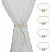 1-6PCS Luxury Elastic Pearl Butterfly Curtain Tieback Gold Silver Tone Non Perforated Drapery Holder Decorative Window Accessory