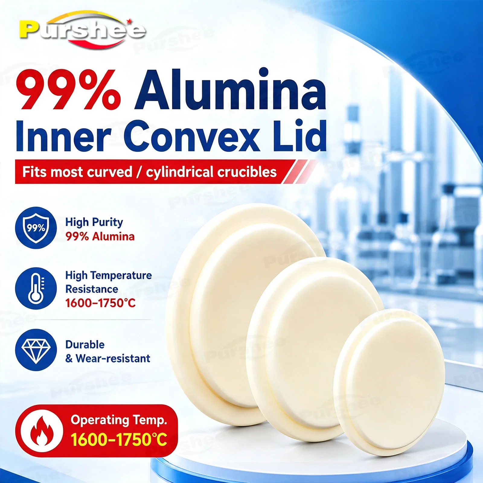 Coperchio Convesso Interno in Corindone Allumina al 99% per Crogiolo Cilindrico a Forma di Arco, per Forni a Muffola ad Alta Temperatura