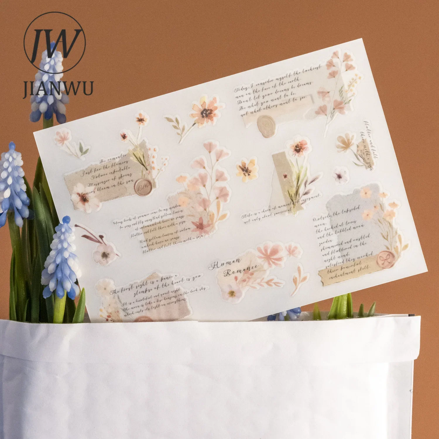 JIANWU 3 Sheets Long Talk of Flowers Series Literary Floral Material Collage PVC Transfer Sticker Creative DIY JournalStationery