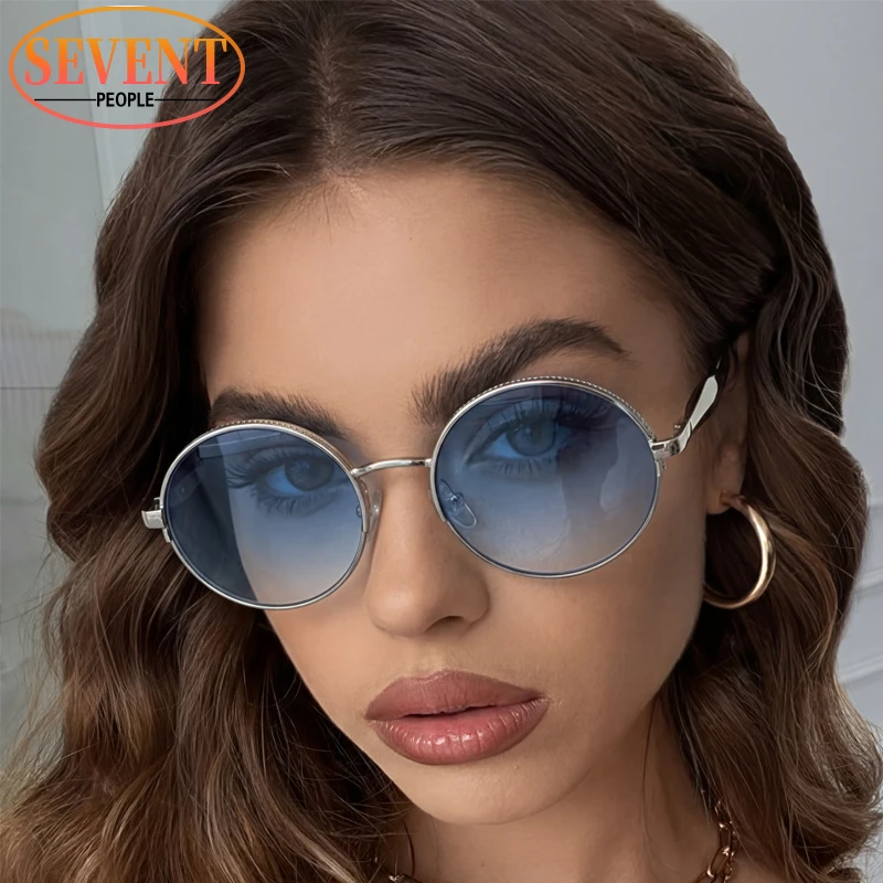 

Fashion Round Punk Sunglasses Women 2026 New Luxury Designer Gradient Blue Shades Vintage Retro 90S Street Style Travel Eyewear
