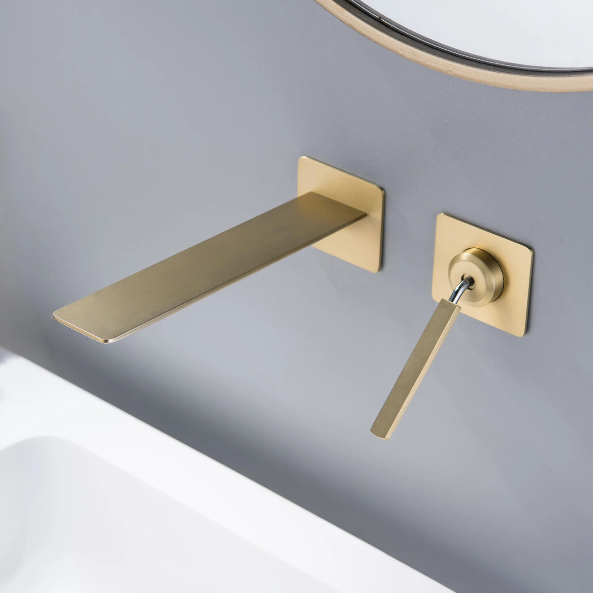 

Wall Mounted Double Hole Basin Sink Faucet One Handle Bathroom Hot and Cold Mixer Taps Lavatory Sink Faucet Brushed Gold