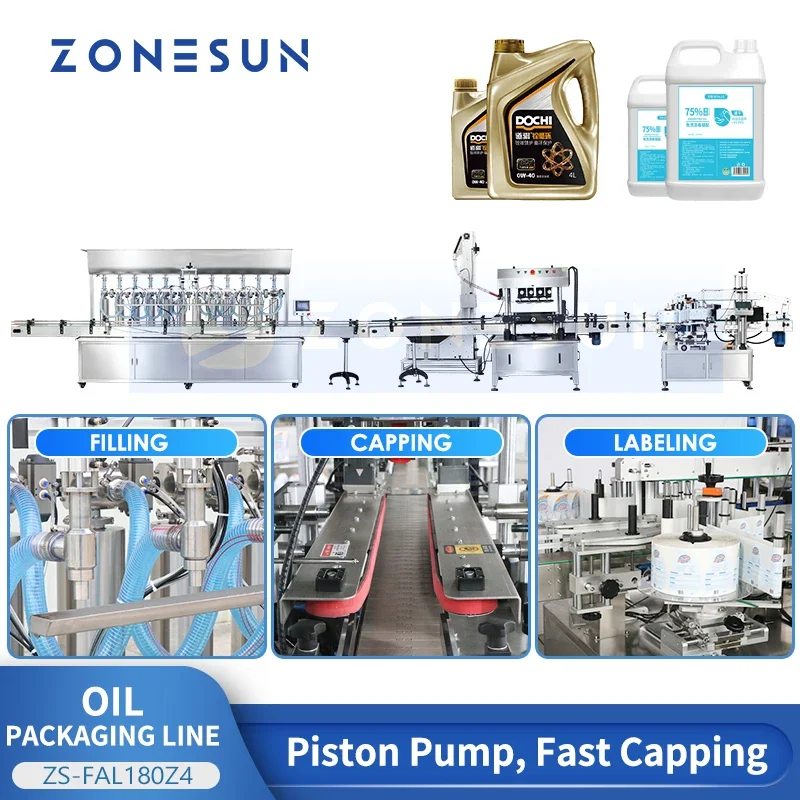 Zonesun linha de produção de embalagens de garrafas 5l, enchimento de óleo, tampando, garrafas planas redondas, máquina de rotulagem dupla ZS-FAL180Z4