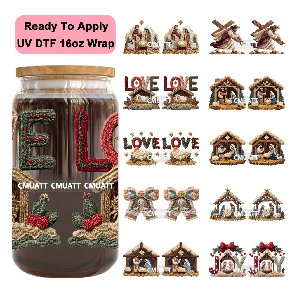 

Faux Yarn Christian Christmas Nativity UV DTF Stickers Ready To Apply Cup Wrap Custom Labels DIY Craft For Libbey Glass Can Mugs