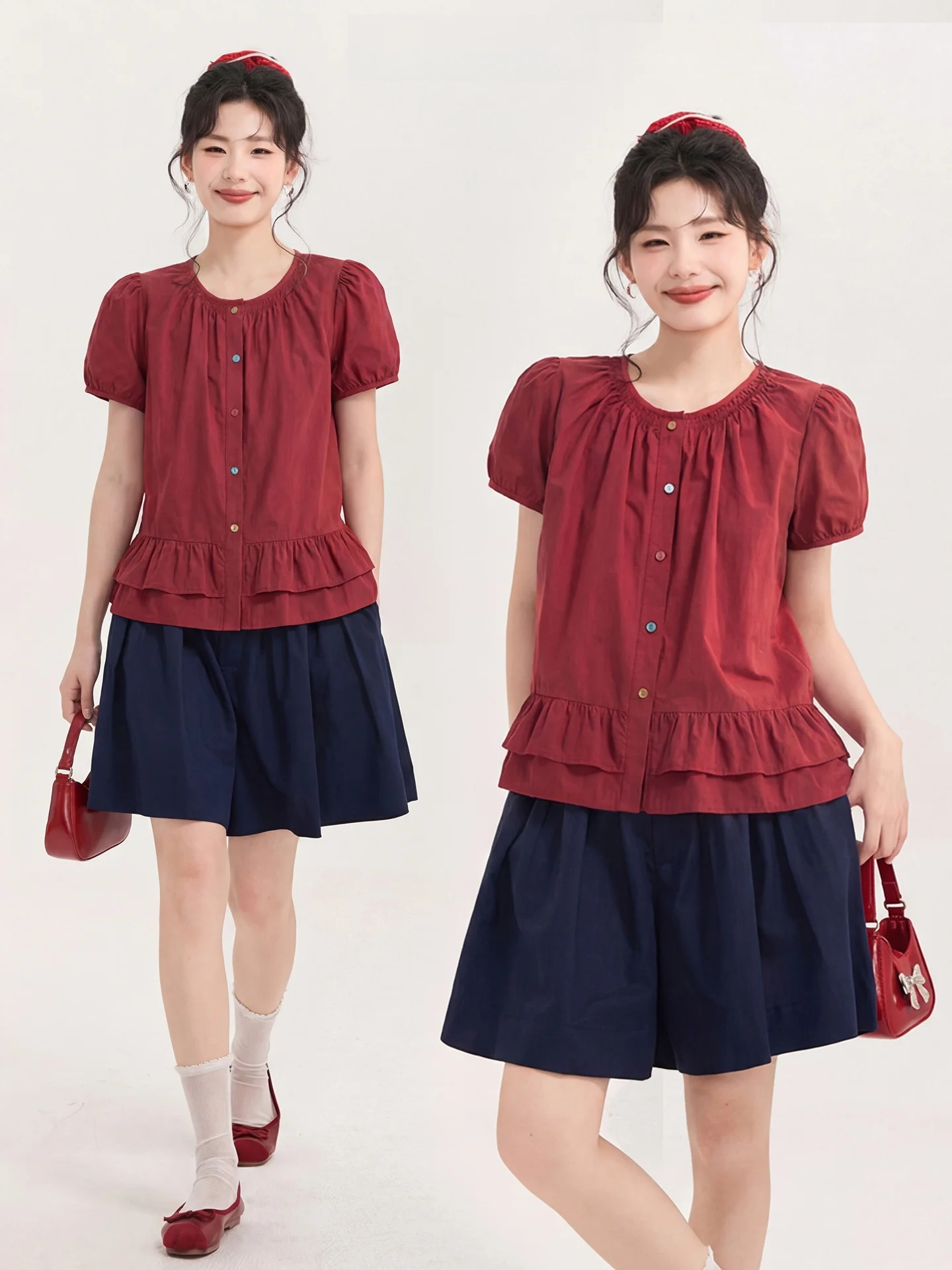

Original Heme Korean Style Lace Trim Color Buckle Design round Neck Shirt Women Summer Top Sweet Style Loose Fit Cotton Short...