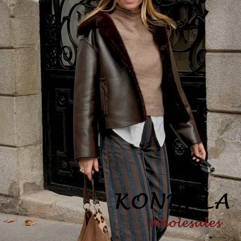 

KONDALA Vintage Woman Brown PU Cool Jacket Fashion 2026 Faux Fur Collar Outwear Single Breasted Pocket High Street Female Coat