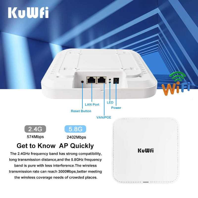 KuWfi 3000Mbps Ceiling Wireless AP Router 2.4G 5G Dual Band Wifi6 Router Access Point with Gigabit WAN LAN Port Support 48V POE