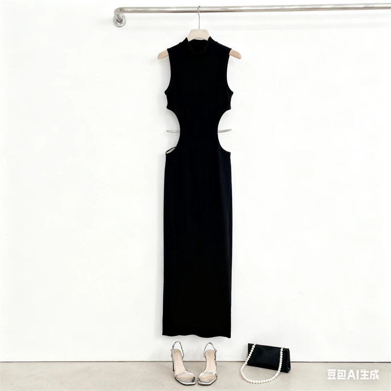Women's Black Bodycon Maxi Dress - Cutout Design, Mock Neck, Sleeveless, Rhinestone Detail, Stylish Evening Gown