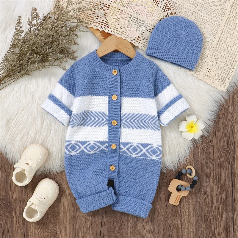 

Suefunskry Baby Boy Girl Knitted Romper Contrast Color Crew Neck Long Sleeve Full Length Button Down Jumpsuit with Beanie Hat