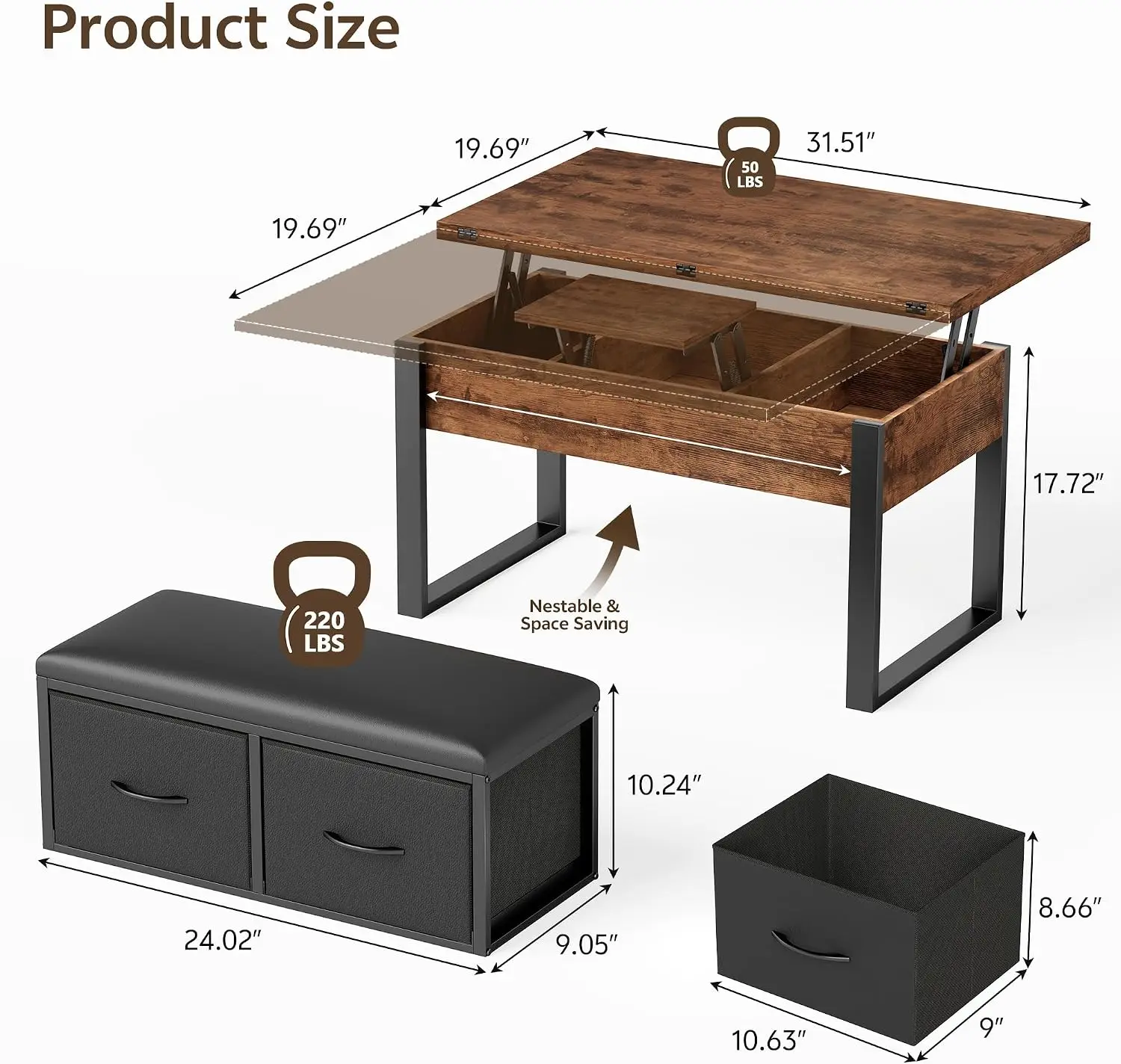 31.5'' Lift Top Coffee Table with Storage Bench, Rustic Brown