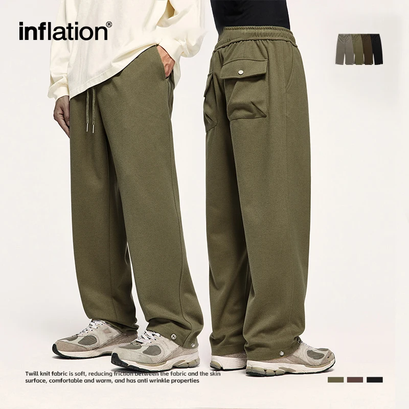 INFLATION 380gsm Heavyweight Thick Woolen Straight Pants Unisex 2023 Trendy Elastic Waist Casual Trousers