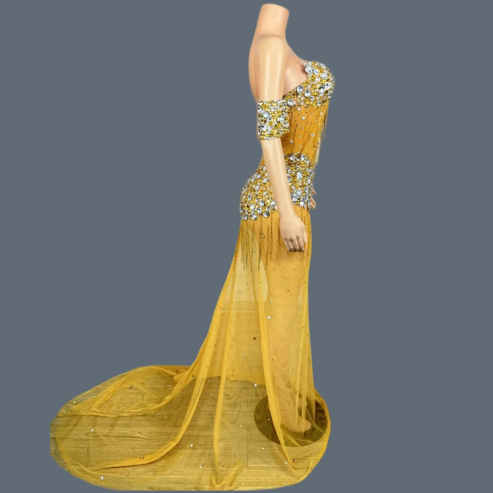 

High-end Crystals Tassel Sheer Sparkly Floor-lenght Dress Women Sexy Sheer Mesh Celebrate Birthday Dress Photo Shoot Wear Chuju