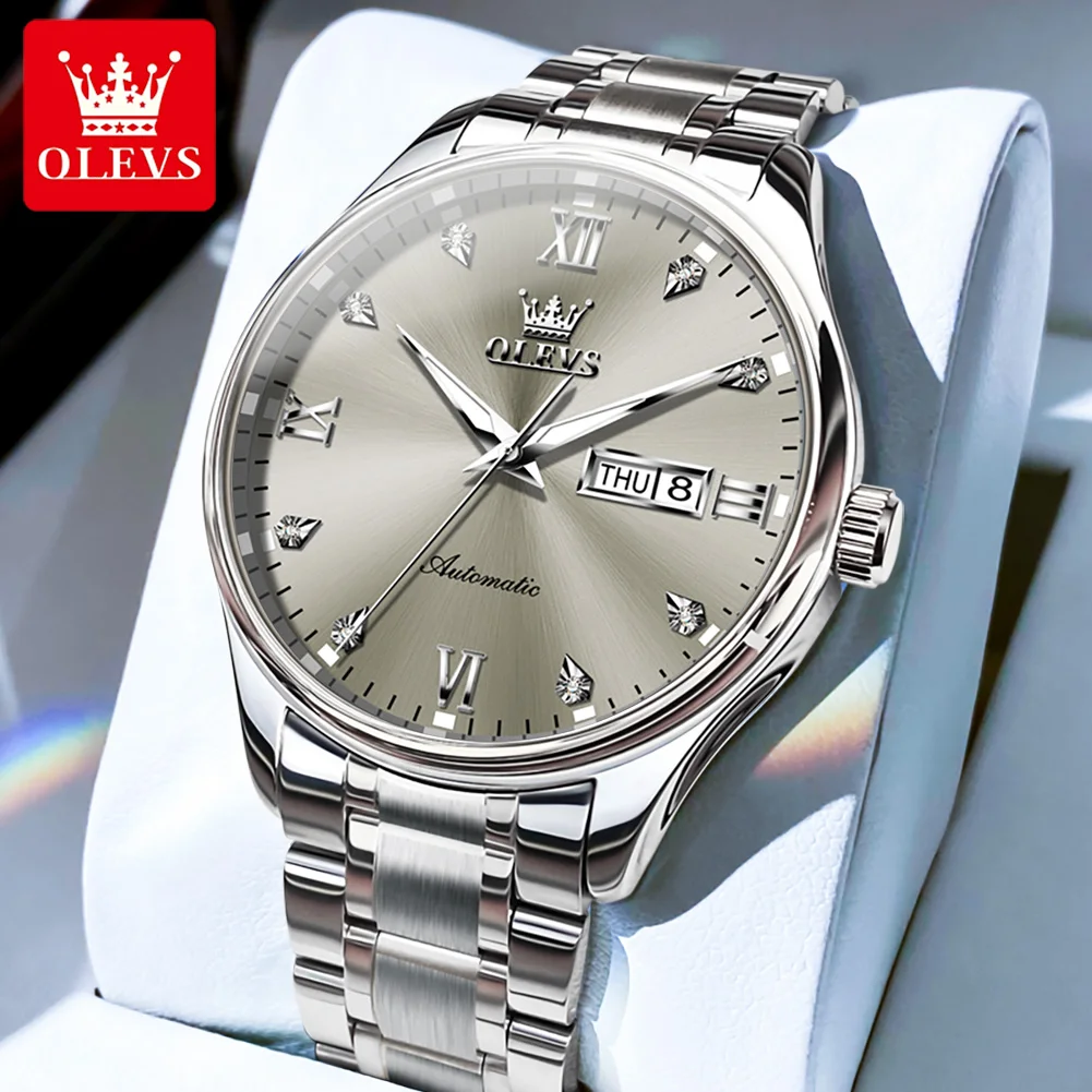 

OLEVS Brand 2025 New Fashion Grey Mechanical Watch for Men Stainless Steel Waterproof Luminous Week Calendar Luxury Mens Watches