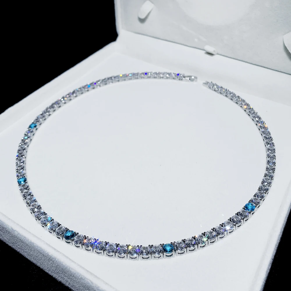 

Iced Out 5mm Round Cut Cubic Zirconia Tennis Link Chain Bling White Blue CZ Cluster Box Clasp Hip Hop Necklace Women Men Jewelry