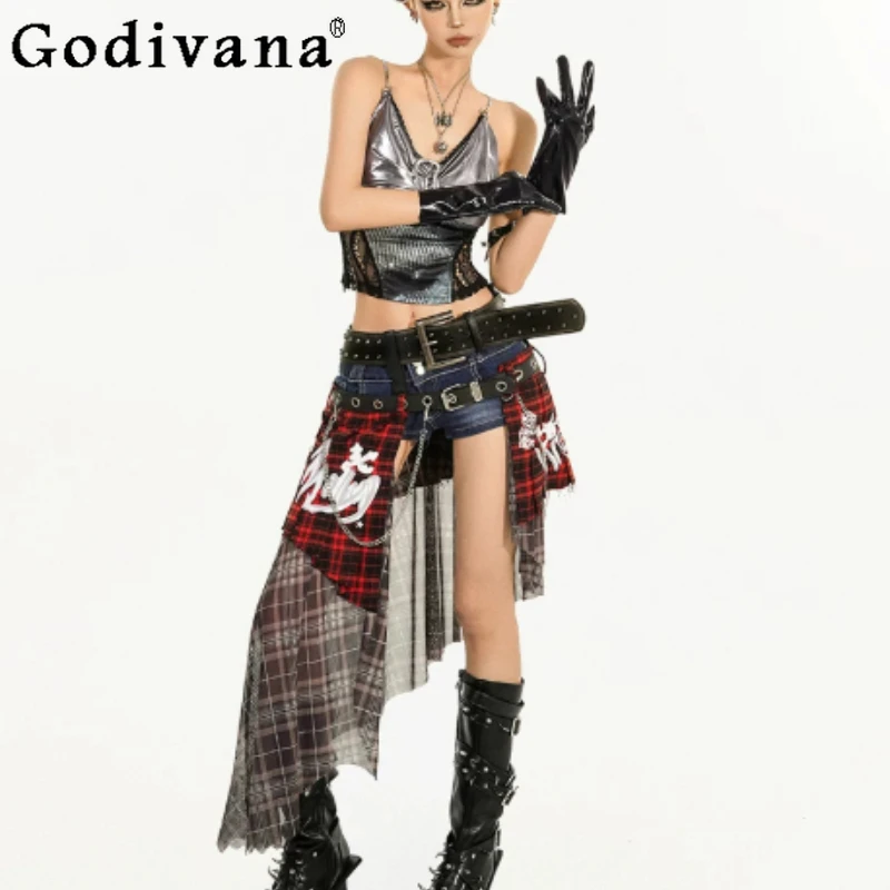 New Y2k Punk Red Plaid Waist Seal Long Skirts Women Chic Stacked Wear Subculture Irregular Personality Street Skirt Apron