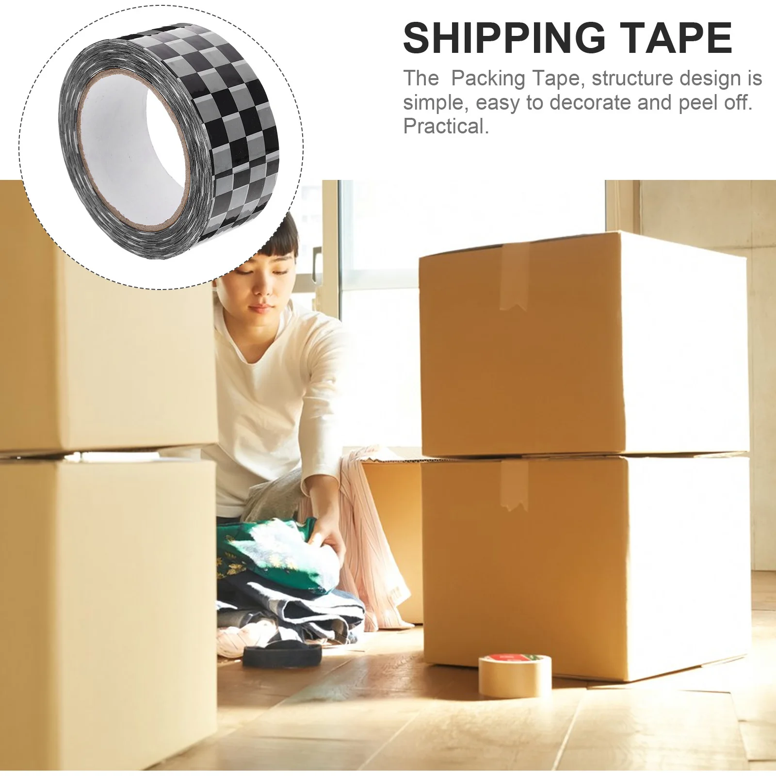1 Rolle schwarz-weiß kariertes Verpackungsband, schlichtes Design, leicht zu schneidende Verpackung, Versand-Dichtungsband für die Verpackung von Waren