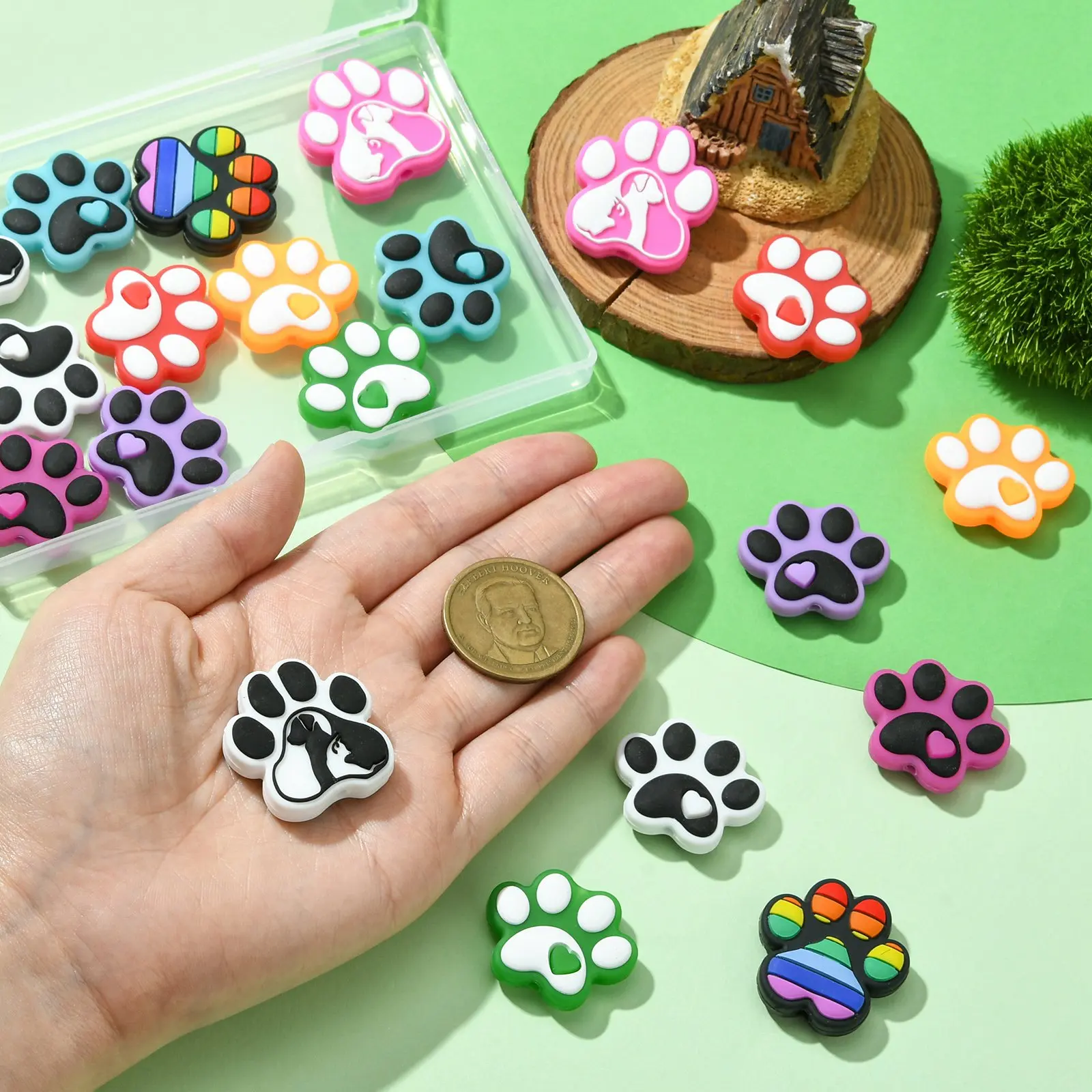 Pandahall 20Pcs Mixed Styles Silicone Animal Beads Colorful Dog Paw Bubblegum Beads Soft Pet Foot Print Beads for Jewelry Making