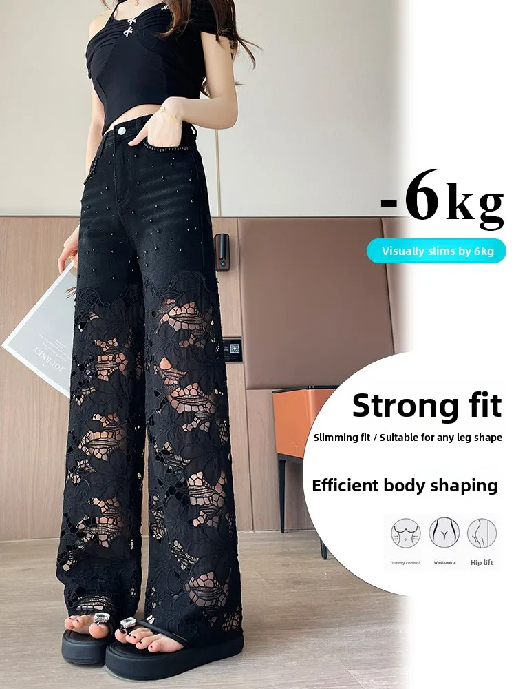 الثقيلة التطريز الدانتيل الربط الجوف حبة واسعة الساق الجينز المرأة الصيف رقيقة عالية الخصر فضفاض مستقيم قطع السراويل #4