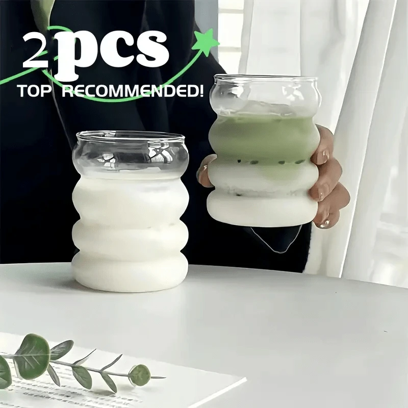 2Pcs High Aesthetic Ripple Colorful Straws Glass Cups, Cute Spiral Caterpillar Design Coffee Milk Glasses, Home Use Drinkware Se