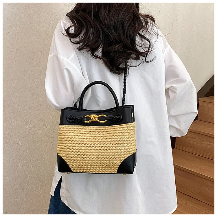 

Легкая роскошная женская сумка-мешок 2025 года — соломенная, цветная кожаная, простая ретро, ручная сумка через плечо через плечо