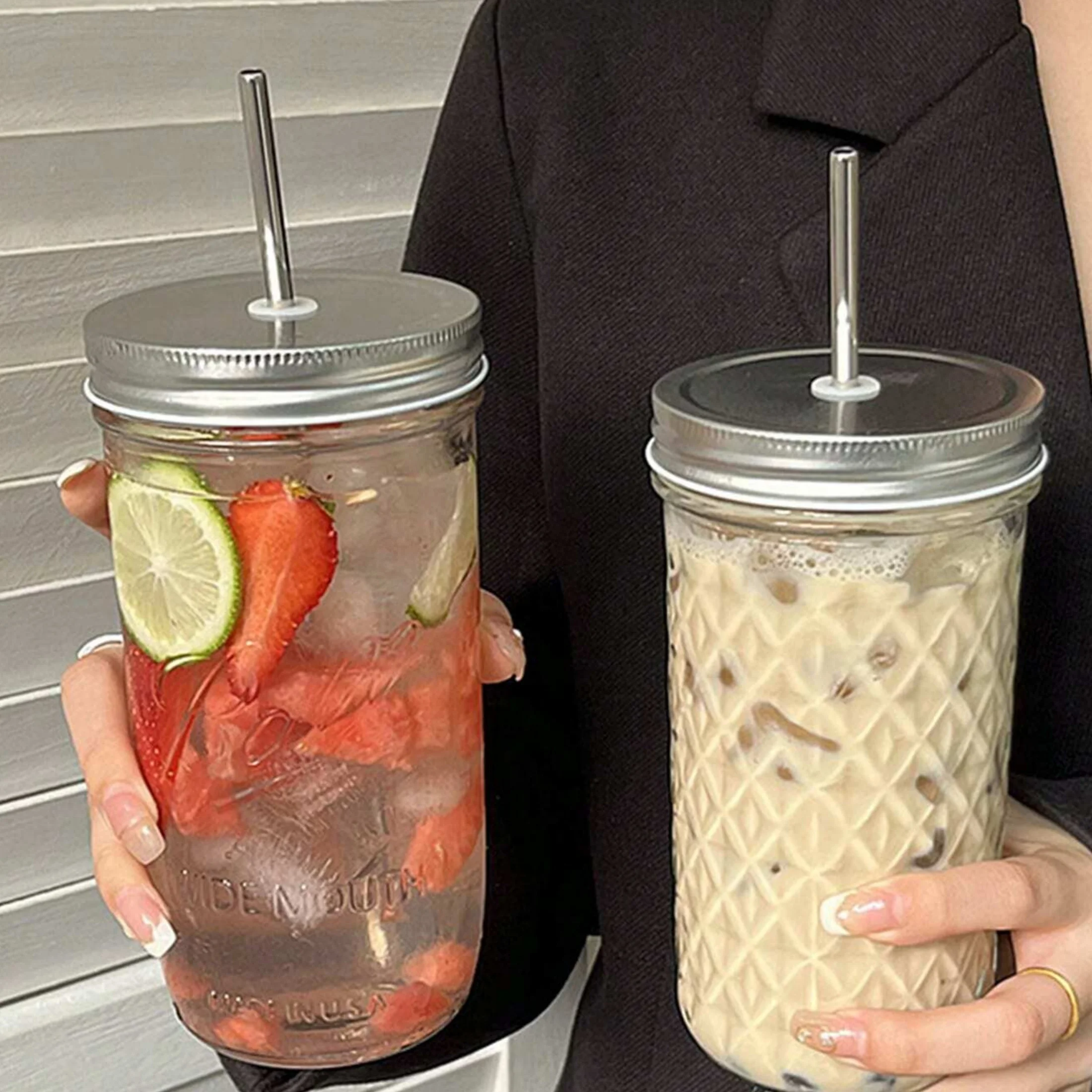 650ml Glas-Kaffeetasse mit Strohhalm-Deckel Transparente Trinkgläser Glastasse für Tee Saft Eiskaffee Becher Trinkwaren – Detail 2