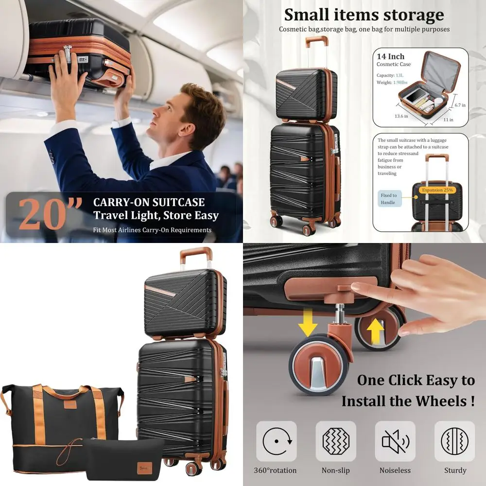 Expandable Hardshell Luggage Set with Spinner Wheels and TSA Locks - Black, Carry-On Sizes (14in/20in)