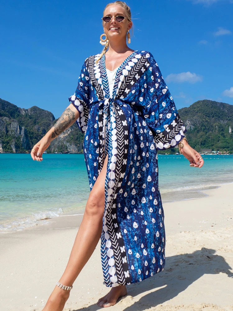 Swimsuit Cover Up Impresso Kimono para o Mar, Coverup Boho, Swimwear Long Belted, Cabo de luxo, Fatos de banho