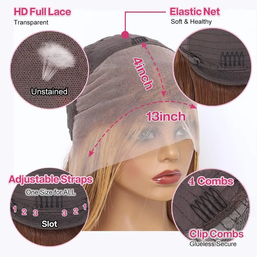 密度200 ハイライト 4/27 ショートボブ人毛ウィッグ 14インチ ハニーブロンド カラーレースウィッグ 13x4 透明レース人毛ウィッグ