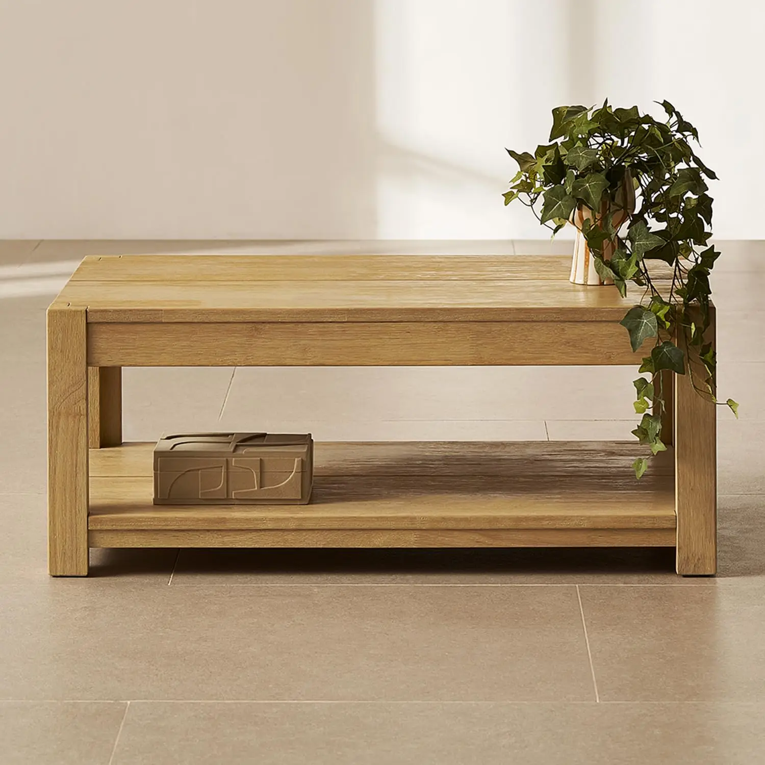 

Solid Wood 2-Tier Rectangle Coffee Table, Modern Farmhouse Solid Rubberwood With Light Wire Brush L Shaped Leg Joint