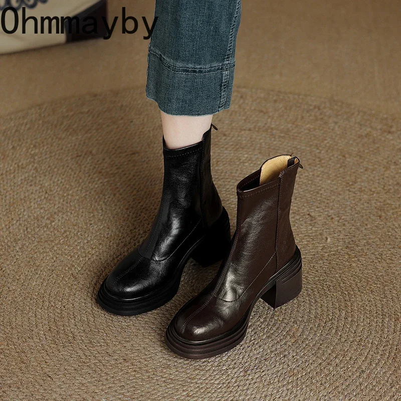 Winter Vintage Women Stretch Ankle Boots Elegant Platform Thick Heel Shoes Concise Short Botas De Mujer