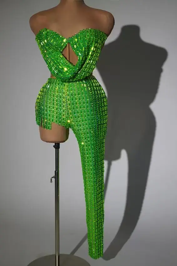 Sexy Stage Sparkly Green Rhinestone 2piece Set Club Short Jumpsuit Luxury Women Carnival Party Dance Troupe Bodysuits Fugui