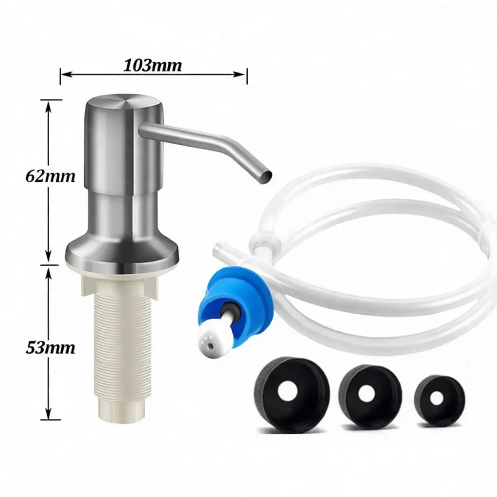 Refillable Kitchen Sink Soap Dispenser Pump Stainless Steel Press Head With Extension Hose For Dishwashing Cleaners