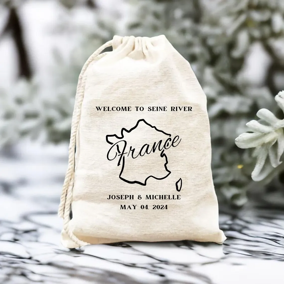 Customized Welcome To Seine River Bag, France Destination Wedding Favors, France Country Outline Map Bag, Beach Wedding Party Fa