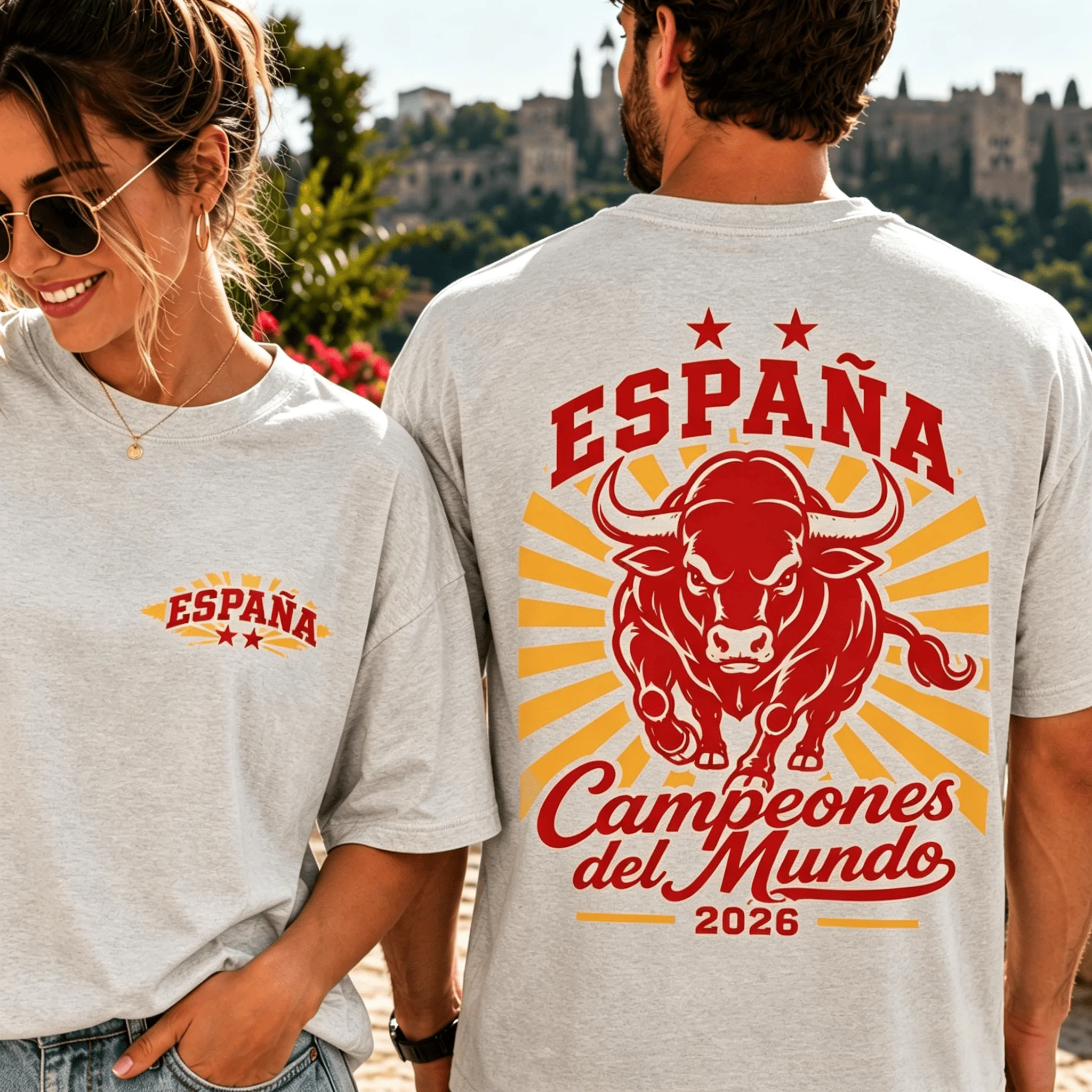 Unisex Spain Theme Bull T-shirt Double Sided Vintage Spanish Text Print Short Sleeve Summer Cotton Tee Football Fan Casual Tops