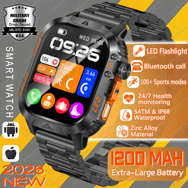 New Rugged Military Smart Watch Men 1200mAh Battery Fitness Tracker IP68 Waterproof  Health Monitor Sleep Flashlight Smartwatch
