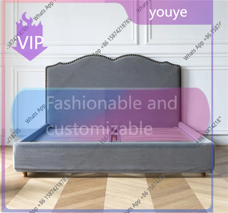 

n-J Nordic Light Luxury Simple Soft Bag Fabric Bed Solid Wood Bed American Master Bedroom Double Bed Wedding Backrest Minima z
