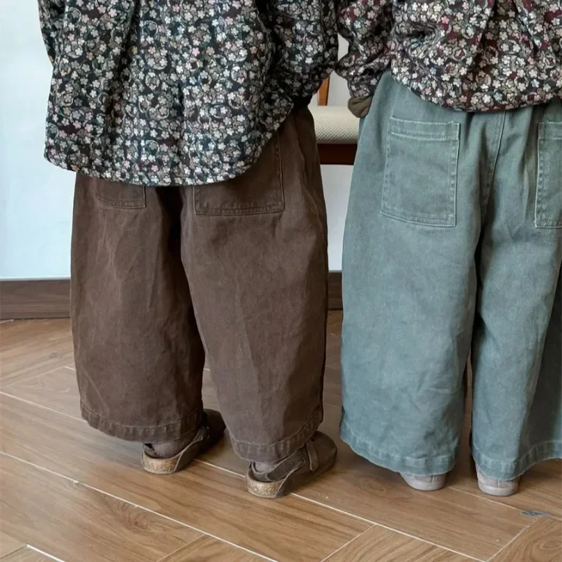 Pantalones de pierna ancha para niños, ropa para hacer pantalones rectos de algodón viejo, holgados, sencillos, con cintura elástica, color liso, 2024