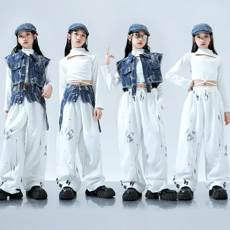 

Kid Hip Hop Clothing Denim Vest Belt White Key Hole Crop Top T Shirt Casual Wide Ink Pants for Girl Jazz Dance Costume Clothes