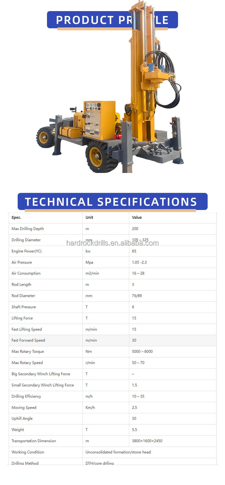 Powerful 200m Hydraulic Water Well Drilling Rig  Geotechnical Small Rocky Layer Hard Rock Drilling Machine for Sale