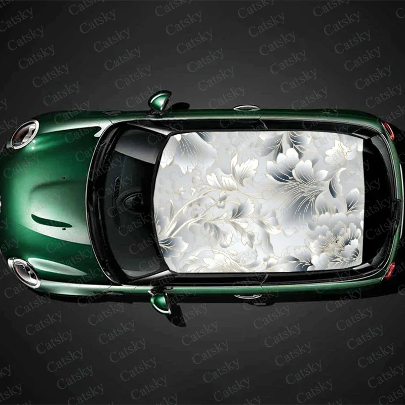 Elegant White Flowers Car Roof Sticker Wrap Racing SUV Accessories Packaging Painted PVC Custom Car Graphic Decal