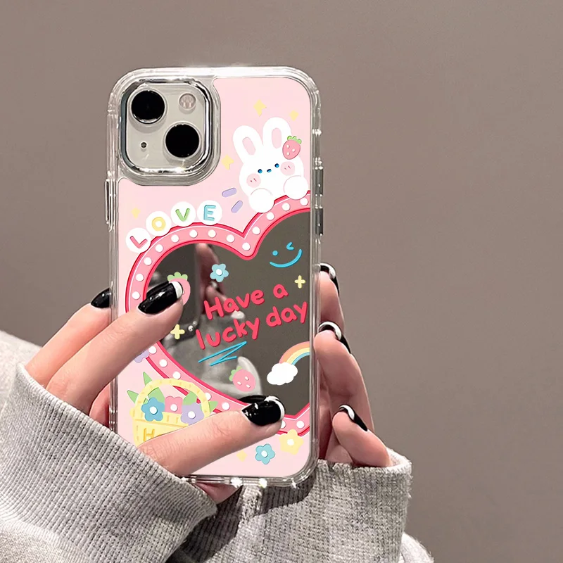 Korean Sweet Love Heart Phone Case For iPhone 13 Case iPhone 11 12 14 15 Pro Max XR X XS Shockproof Funda Makeup Mirror Cover