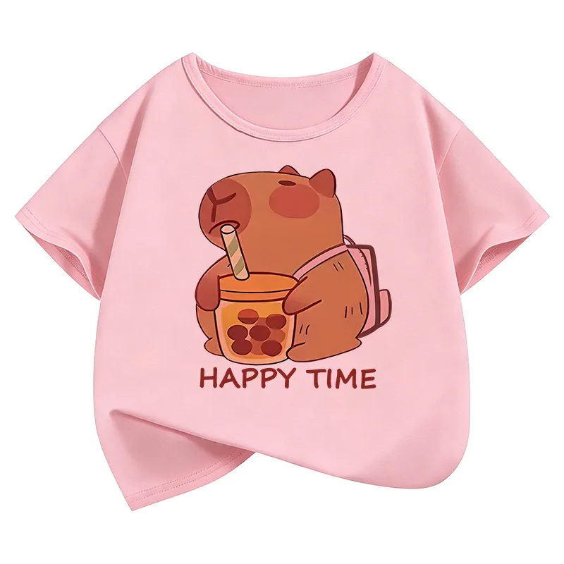 Happy Time Capybara Design Kinder-T-Shirts, bedruckt, Sommer, kurzärmelig, Cartoon-Motiv, für Jungen und Mädchen, Kleidung, Kawaii-Tops, Y2K-Kinder-T-Shirt