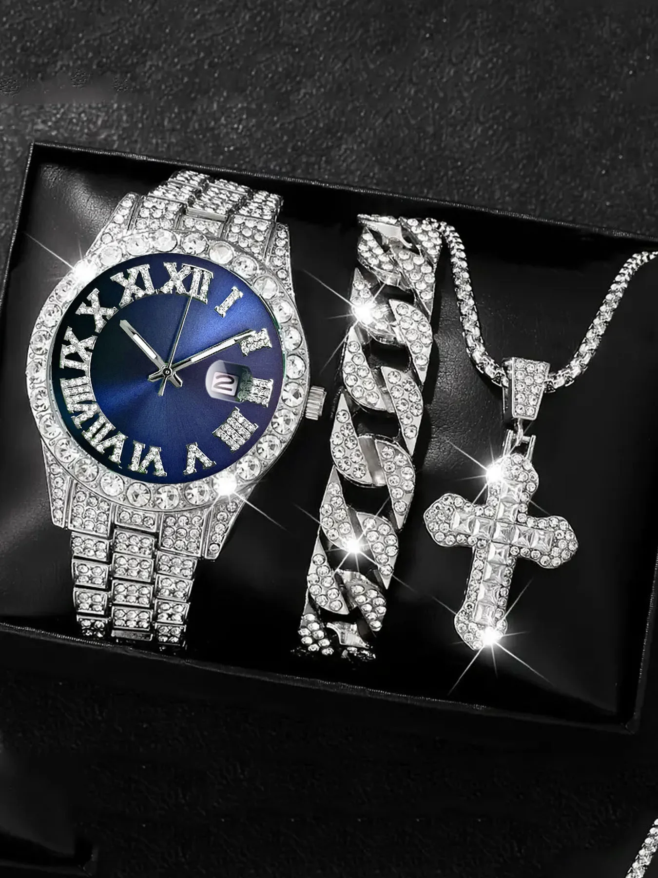 Hot selling new water ghost big water diamond inlaid men's watch Roman scale calendar watch men's gold watch set