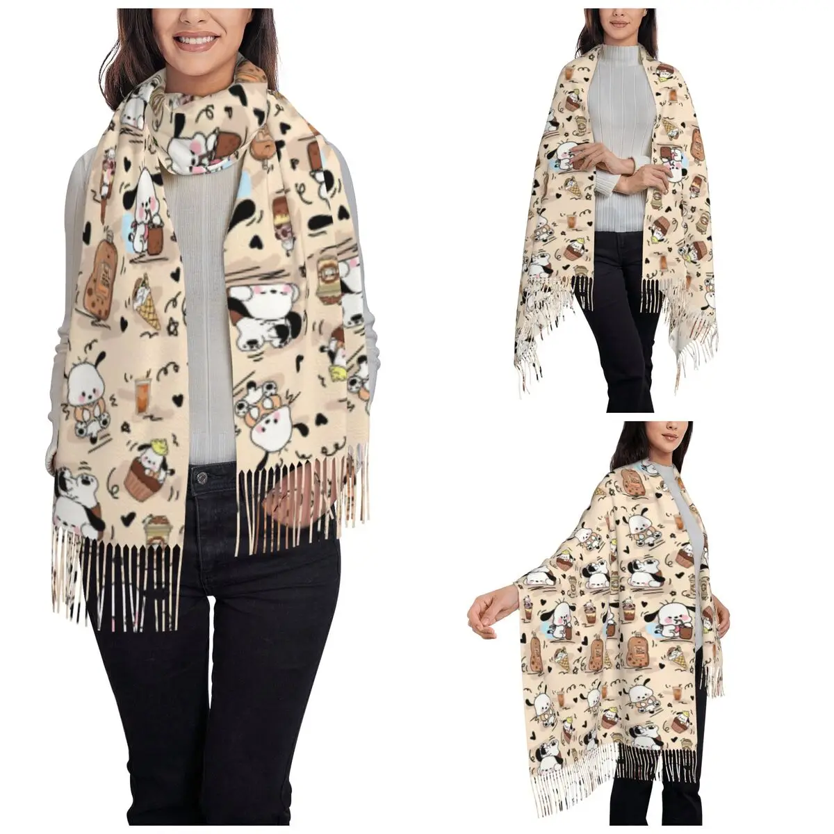 Womens Scarf with Tassel Pochacco Ice Cream Chocolate Large Winter Fall Shawl Wrap Gifts Pashmina Scarves